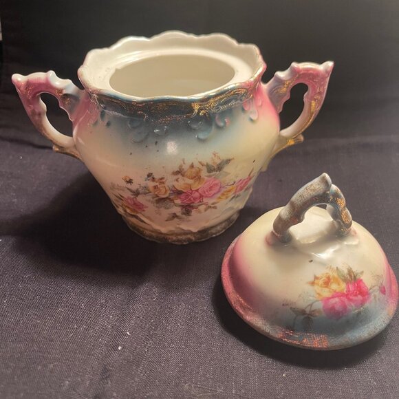 English Sugar Bowl Double-Handled Lidded Floral Paint and Gold Trim